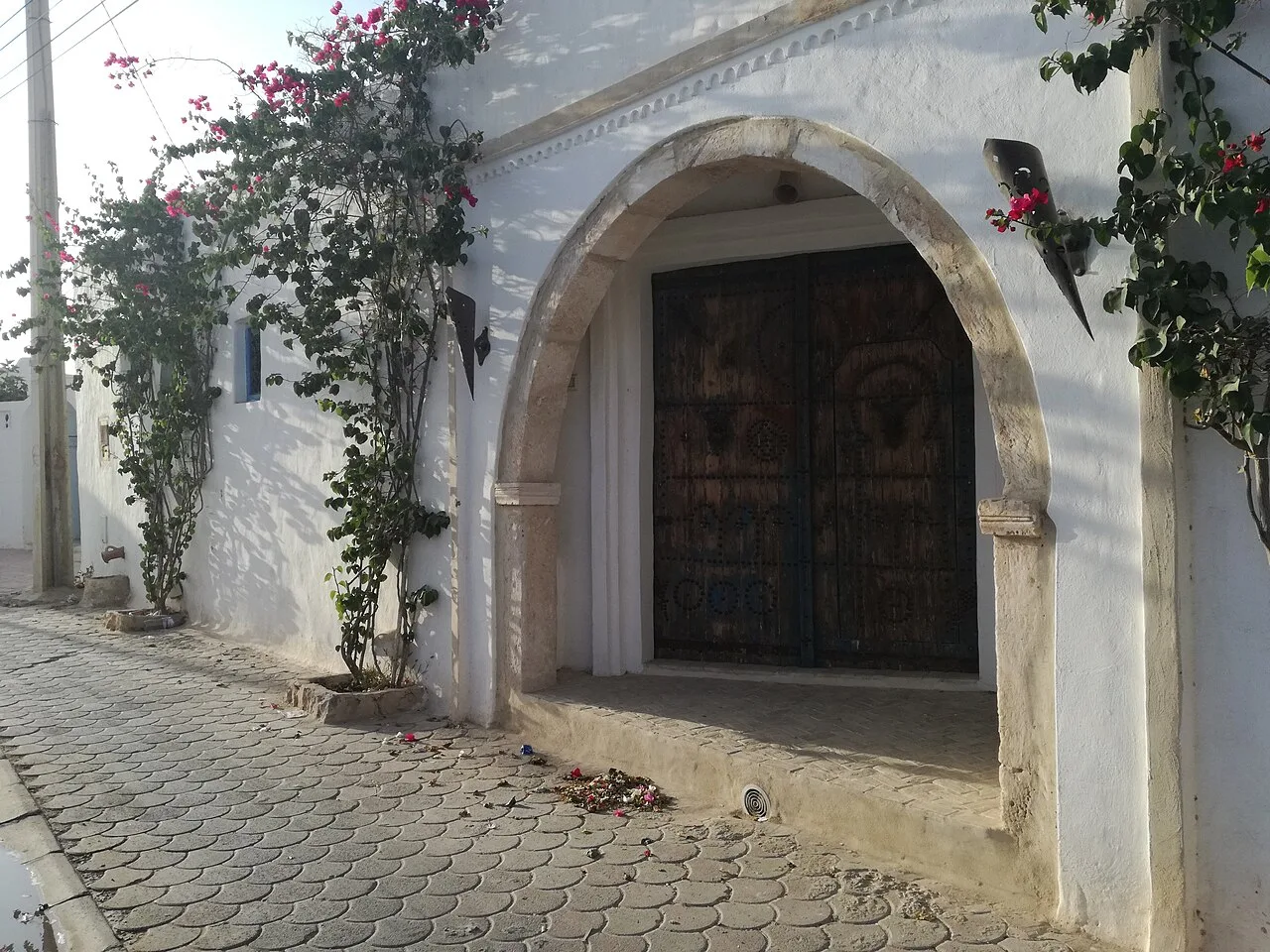 Erriadh in Djerba in May-June — whitewashed alley and bougainvillea in bloom