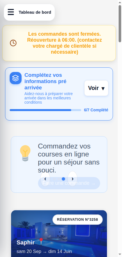 Ethic Village Djerba Guest Portal dashboard on mobile — grid of icons giving access to the thirteen stay functions (wifi, pre-arrival, meals, equipment, gate opening)