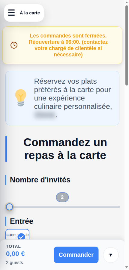 Ethic Village Djerba Guest Portal on mobile — À la carte screen listing several dishes with prices and a basket at the bottom