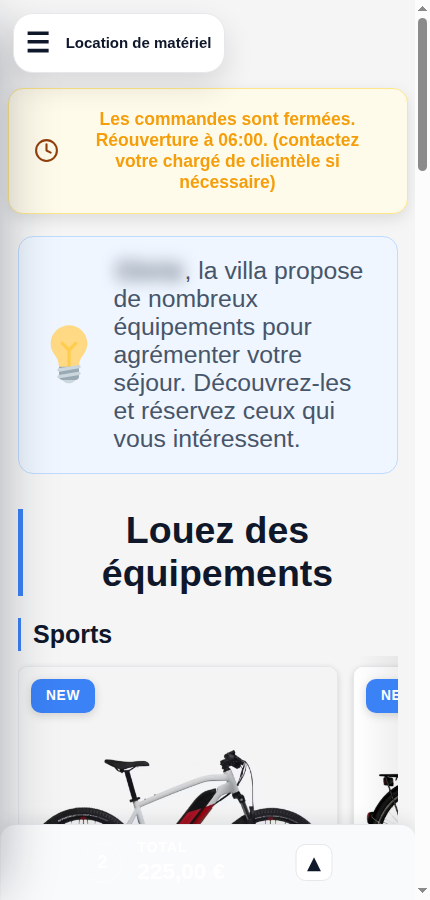 Equipment tab of the Ethic Village Djerba Guest Portal — sports gear, bicycles and games available for rent with daily or hourly rates