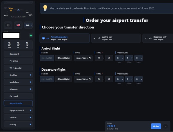 Order airport transfer through guest portal