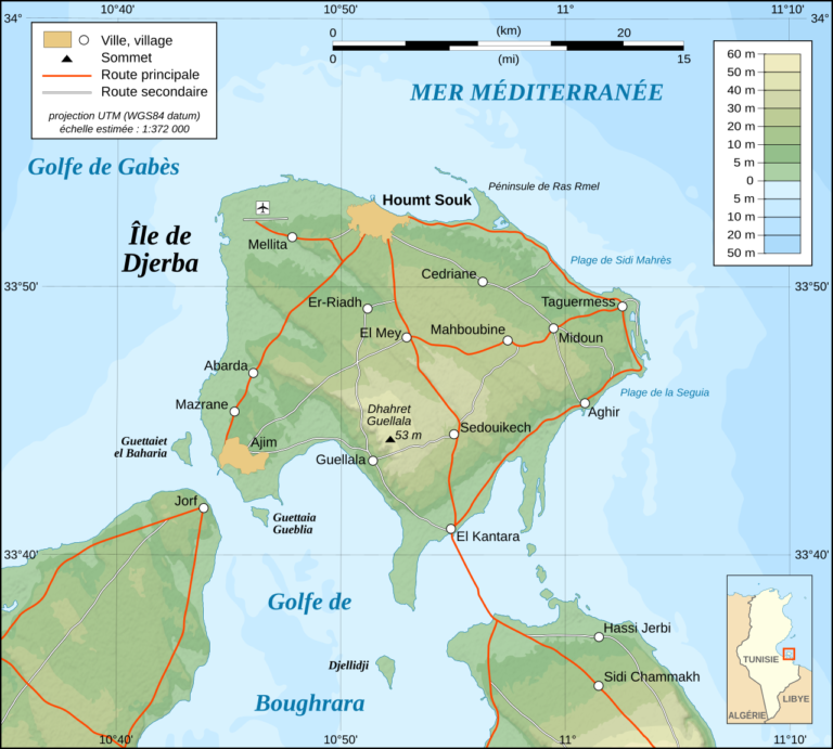 Carte topographique de Djerba — plages, villages, sites touristiques (ar)