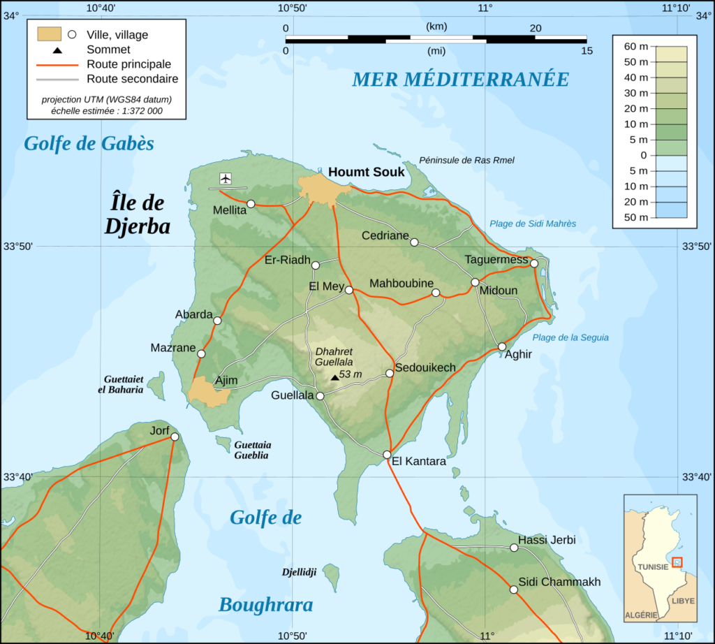 Carte topographique de Djerba — plages, villages, sites touristiques (de)