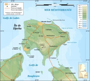 Carte topographique de Djerba — plages, villages, sites touristiques (en)