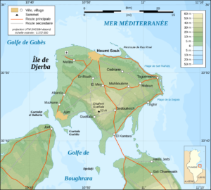 Carte topographique de Djerba — plages, villages, sites touristiques (it)