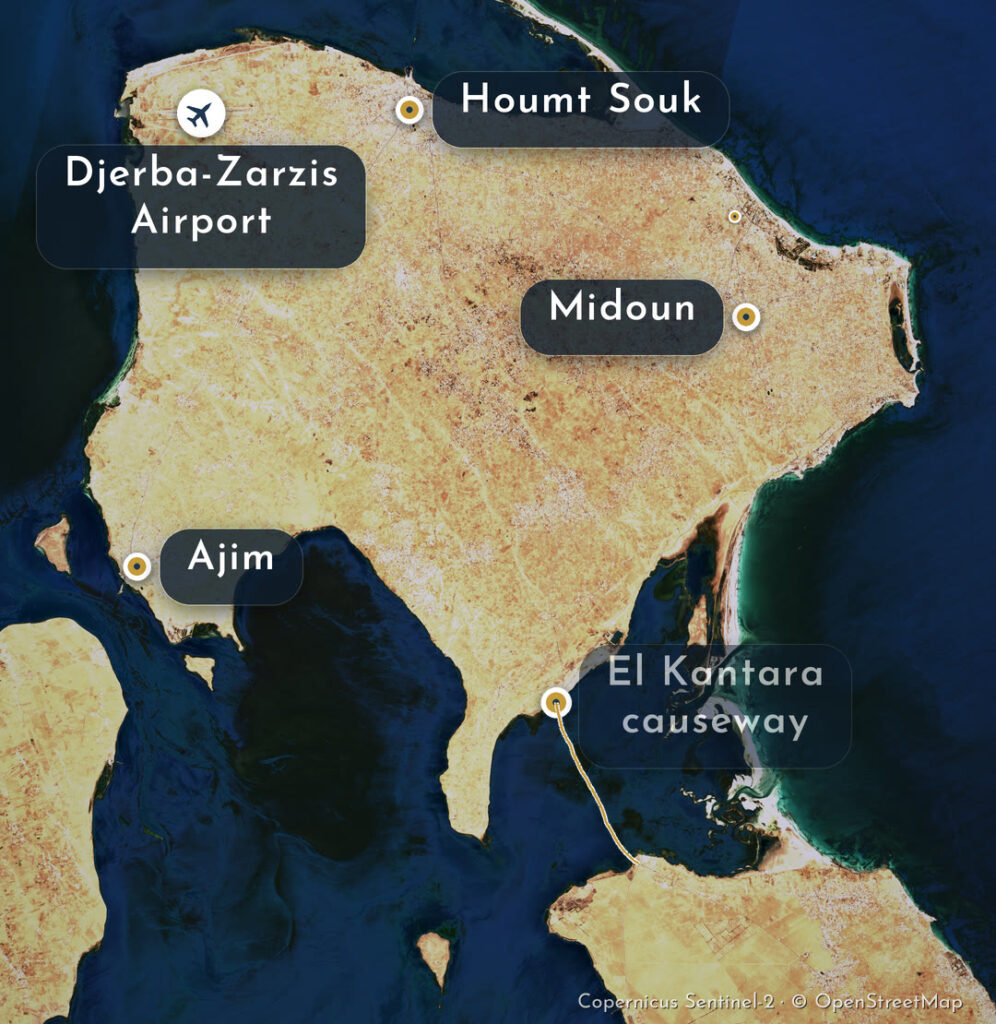 Where is Djerba? Satellite view of the island with the airport, Houmt Souk, Midoun, Ajim and the El Kantara causeway