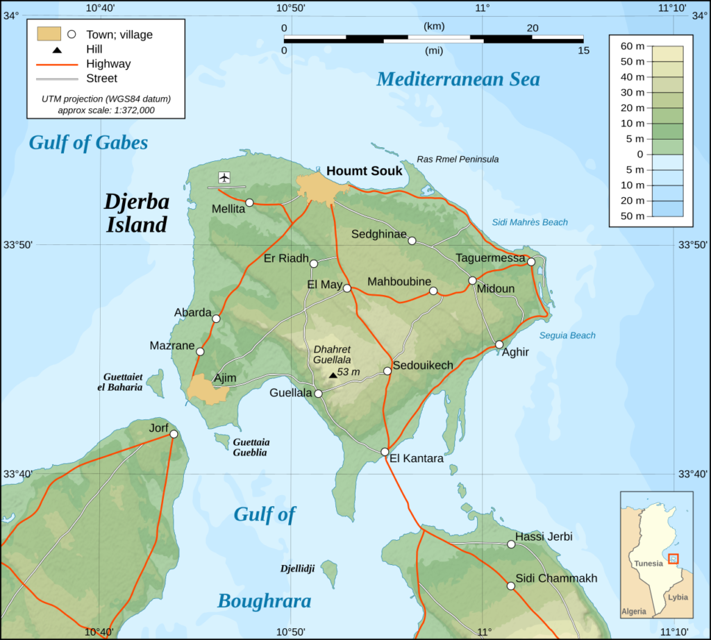 Topographic map of Djerba in the Gulf of Gabès with Houmt Souk, Midoun, Ajim, Jorf and the El Kantara causeway