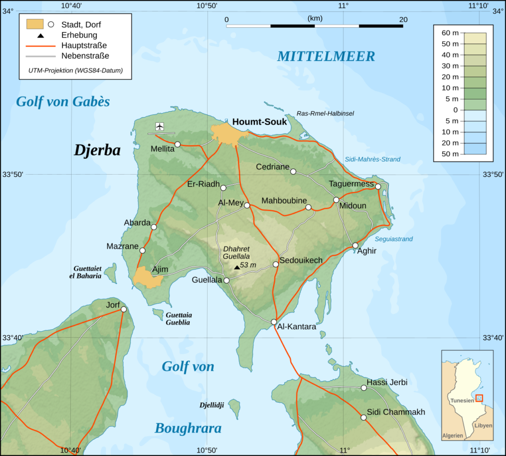 Topographische Karte der Insel Djerba im Golf von Gabès mit Houmt Souk, Midoun, Ajim, Jorf und dem Damm von El Kantara