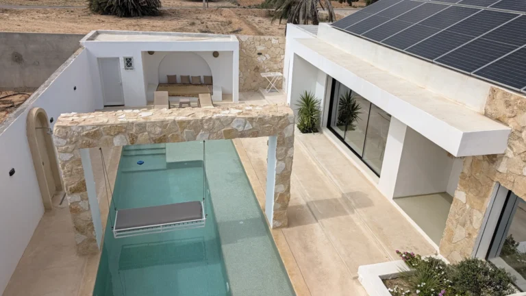 Aerial view of Villa Opale's pool, stone pergola and lounge area